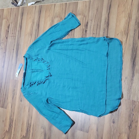 ELSIE & ZOEY Blue Lightweight Sheer Fringed V-Neck Beach Pool Coverup - Picture 11 of 12